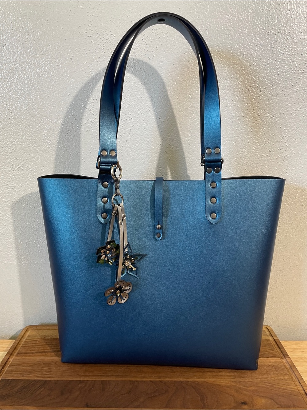 Mohop Chicago Blue Metallic Tote Bag Studded Vegan Leather Shoulder Purse Modern